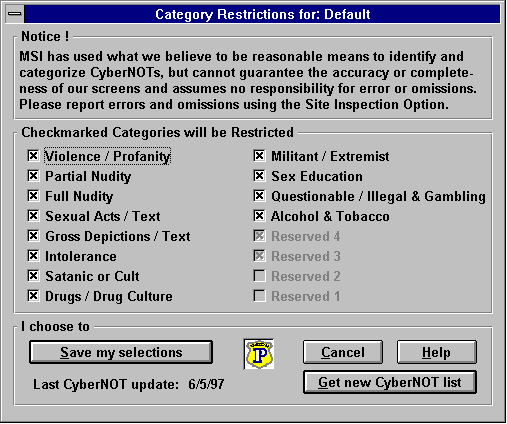 Cyber Patrol Setup Screen